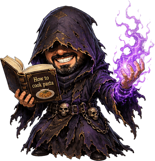 Chibi dark sorcerer version of Il Maestro, lurking at the edge of the sign for dramatic effect