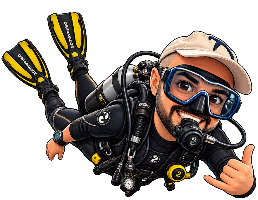 Chibi scuba diver version of Il Maestro, diving out of the page