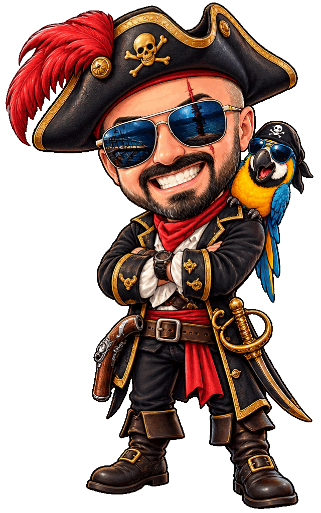 Chibi pirate version of Il Maestro, guarding the projects