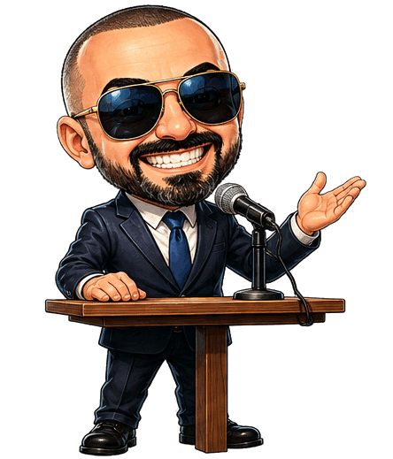 Chibi politician version of Il Maestro, campaigning for your attention (unelected, unqualified, unstoppable)